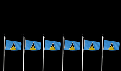 Fototapeta premium High-quality saint lucia national flag row of flags waving against a black - Symbol of culture, heritage, and patriotism