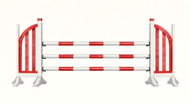 Red and white show jumping obstacle against a plain white background