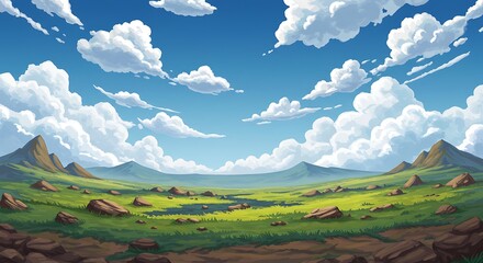 Scenic landscape illustration featuring clouds mountains and open field with copy space