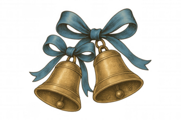 Christmas jingle bells with blue ribbon, traditional hand drawn holiday decoration, illustration on transparent background