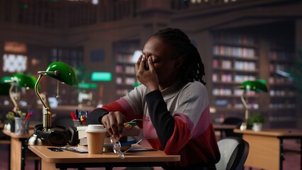 Young adult wakes up black student in the university library after falling asleep on her pile of books and study materials. Pupil feeling tired with burnout, learning all night for exams. Camera A.