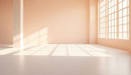 Obraz premium Bright Empty Room with Large Windows, Sunlight Streaming In, Minimalist Peach Color Palette, Clean Lines and Architectural Detail