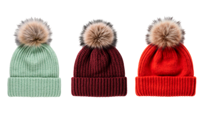 knitted cap and scarf a series of multi-colored knitted hats with a fluffy pompom