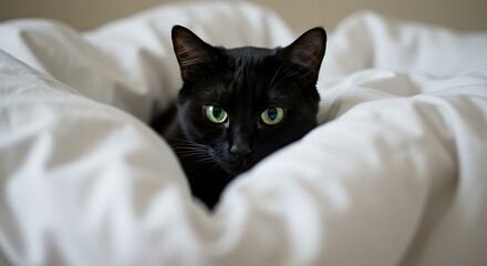 Black cat resting amidst white bedding with green eyes and a serene expression