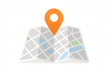 Map icon with an orange pin marking a specific location, illustrating navigation, travel, and global positioning. Transparent background