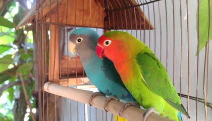 Two colorful parrots in a cage