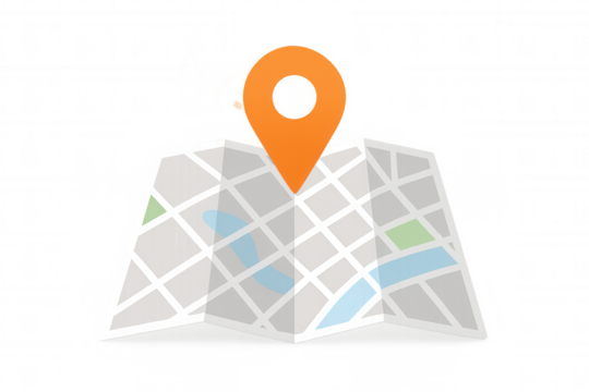 Map icon with an orange pin marking a specific location, illustrating navigation, travel, and global positioning. Transparent background