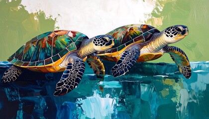 Two colorful turtles swimming in abstract ocean