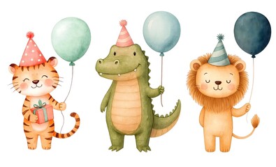 Fototapeta premium Watercolor Safari Birthday Animals Clipart – Cute Crocodile, Lion and Cat with Party Hats and Balloons, Hand-Painted Kids Illustration