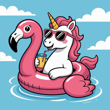 A whimsical unicorn enjoying a drink while relaxing on a flamingo float in a pool, symbolizing fun, summer vibes, and happiness, perfect for cheerful and fantasy-themed artwork.