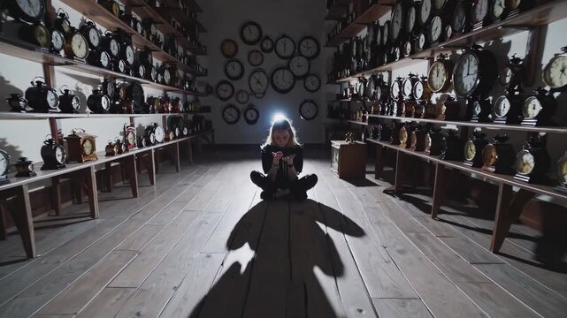 A lone explorer crouches with a torch in the clock corridor, shelves of ticking faces flank him and the clock corridor stretches into darkness while the clock corridor hums with forgotten minutes. 