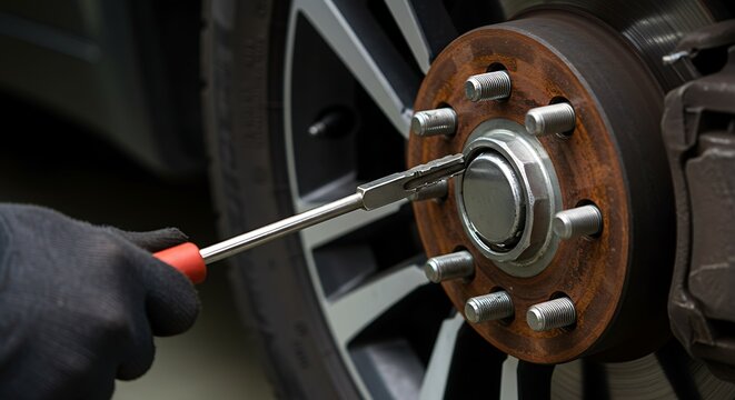 Close up of mechanic hands working on car wheel with lug wrench