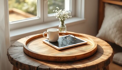 Restful moment with hot beverage, eyeglasses, and digital tablet on rustic wooden table near window with delicate flowers.