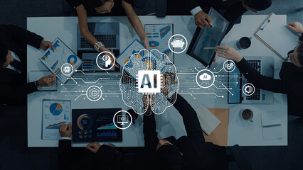 A diverse team collaborates in a modern office space, utilizing technology and artificial intelligence to analyze data and develop innovative solutions for business growth. Trope