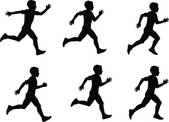 Running child silhouette, motion sequence, athletic movement, child running poses, sports illustration, dynamic stride, locomotion study, animation frames, exercise, fitness concept