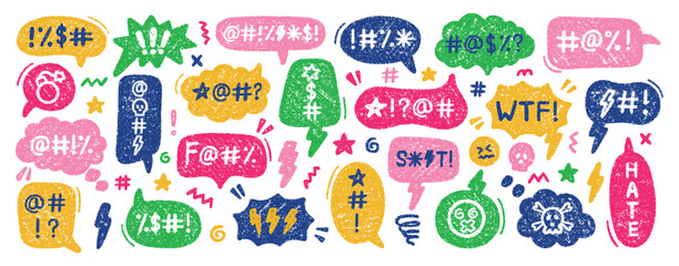 Speech bubble with swear word and hate. Hand drawn sketch of a grumpy comic text balloon with curse or insult by pencil and charcoal doodle. Rude profanity censorship in scribble talk cloud