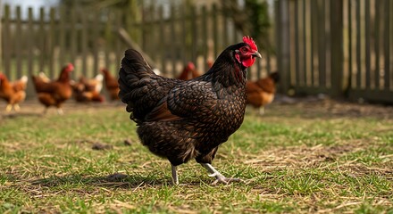 Black hen in a grassy field with other chickens near a wooden fence