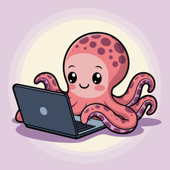 A playful octopus character is seen interacting with a laptop, showcasing its intelligence and curiosity in a vibrant and inviting digital environment.