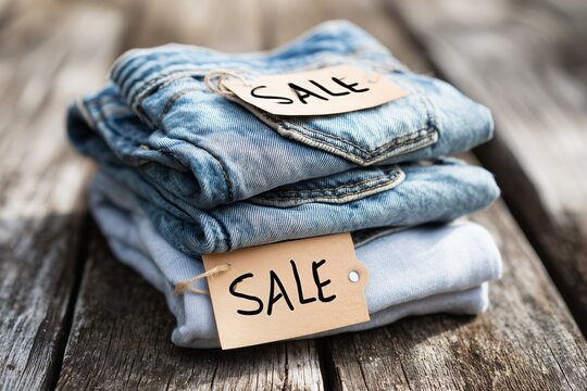 Blue folded denim jeans stack displays brown paper sale tags on weathered rustic wood surface