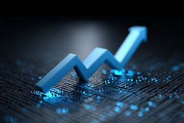 Digital blue arrow indicates successful progress on abstract dark technology background, copy space