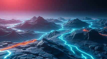 Digital Landscape with Glowing Circuitry and Rough Terrain Visual
