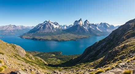 Scenic landscape of mountains lake and blue sky under sunlight