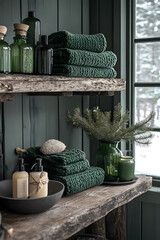 Rustic Bathroom Shelf with Green Knitted Towels and Glass Bottles
