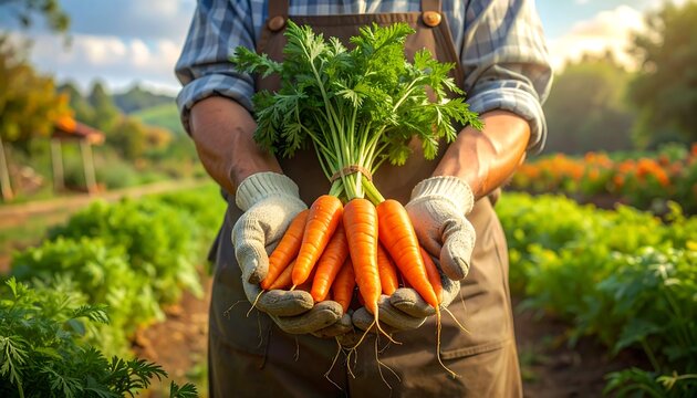 Farmer holding fresh carrots in a garden, showing the harvest season