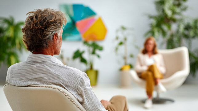 Anonymous therapy session between mature man and female psychologist in a bright office