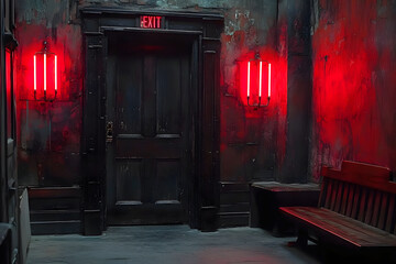 Dark Grunge Interior with Red Neon EXIT Sign