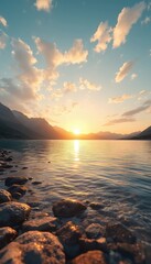 Golden Sunlight Reflecting on Calm Waters A Serene Mountain Lake Landscape at Sunset