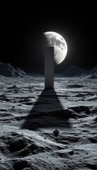 Ethereal lunar monolith on stark terrain under the glow of a celestial body casting long dark shadows over a barren alien landscape