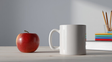 S Teacher's Desk Setup with Apple Coffee Mug Books
