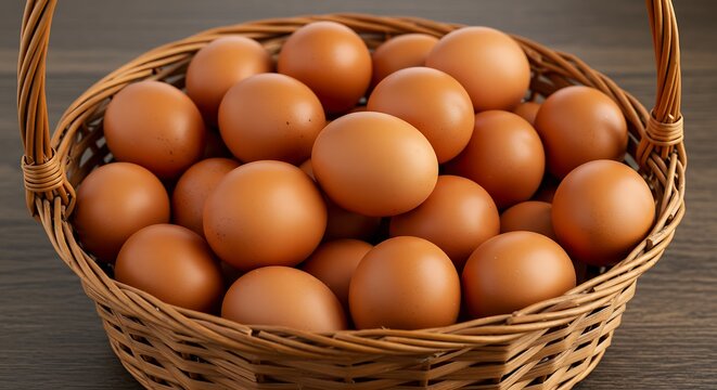 Fresh brown eggs in wicker basket ready for culinary use