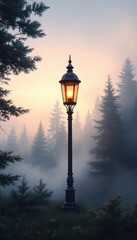 Illuminated lamp post emitting a warm glow in a misty forest landscape during a serene and tranquil morning atmosphere