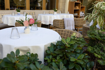 A cozy lounge area in a cafe on an open veranda with chairs and tables. Lush green plants surround the space, creating a relaxing atmosphere.