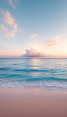 Idyllic seascape view features tranquil waters, soft pink sand, fluffy clouds, and a serene horizon at daybreak