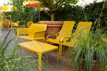 A cozy lounge area in a cafe on an open veranda with yellow chairs and a table. Lush green plants surround the space, creating a relaxing atmosphere.