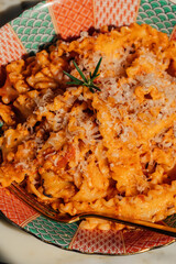 Mafaldine pasta with sardine tomato sauce, parmesan, rosemary
