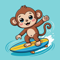 This playful illustration showcases a cheerful monkey riding a surfboard, portraying a fun and adventurous spirit that resonates with the joy of summer.