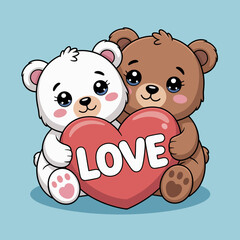 An endearing illustration of two cuddly bears holding a heart that says 'Love', symbolizing affection, friendship, and the joy of shared moments.