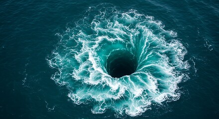 Aerial view of swirling water vortex with dark center against sea backdrop