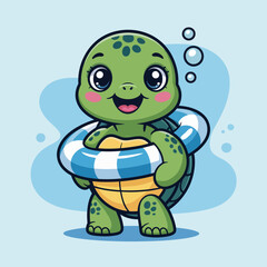 This cute turtle is happily holding a lifebuoy, symbolizing playfulness and safety in a refreshing aquatic setting, designed with a soft blue backdrop and charming expression.