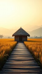 Wooden boardwalk leading to a traditional hut in a golden field during a hazy sunset