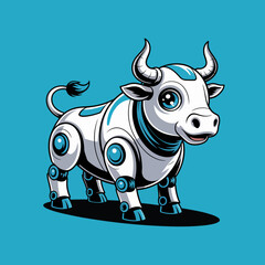 This imaginative illustration depicts a futuristic robot cow, blending technology with traditional imagery, showcasing a friendly demeanor suitable for various creative concepts.