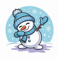 This cheerful snowman, adorned with a blue hat and scarf amidst falling snowflakes, represents winter magic and the delightful spirit of the holiday season in a whimsical illustration.