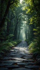 Stone Pathway Through Lush Forest With Ferns and Trees Leading To a Distant Light Filled Area