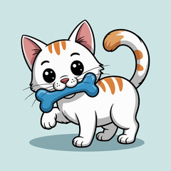 An adorable cat with orange stripes joyfully carries a blue bone toy in its mouth, symbolizing playfulness and affection, captured in a charming and colorful illustration.