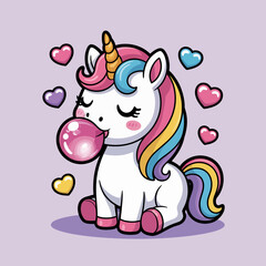 This charming unicorn with a colorful mane is caught mid-bubblegum blow, surrounded by colorful hearts, representing whimsy, magic, and childhood joy.
