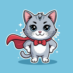A charming cat character dressed as a superhero with a vibrant cape and bow tie, radiating confidence and cuteness, ready to take on adventures in a playful way.